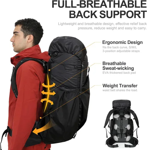 Miniatura 3 de IX INOXTO 55L Mochila con armazón interno resistente al agua para senderismo y camping con vejiga de agua de 3L y cubierta contra la lluvia, mochila