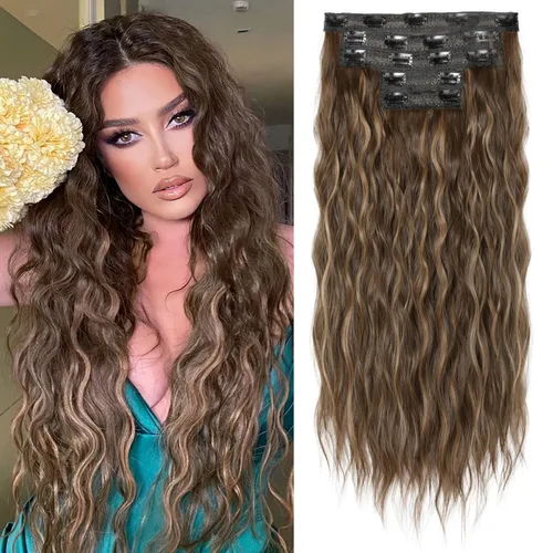 Miniatura 27 de REECHO Extensiones de cabello con clip, 5 piezas, de 24 pulgadas, de color rubio ceniza, extensiones de cabello con ondas largas y sueltas, HE002