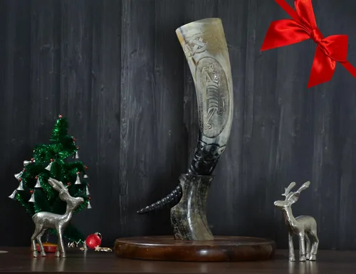 Miniatura 2 de Cuerno vikingo con soporte Abuey natural grabado a mano grande Seguro para alimentos Regalos vikingos nórdicos únicos para hombres y mujeres