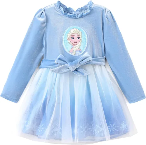 Miniatura 18 de Disney Frozen Elsa Princesa Cenicienta Ariel Jazmín Rapunzel Vestido para bebé/niña, Vestido de manga larga con volantes y superposición de malla