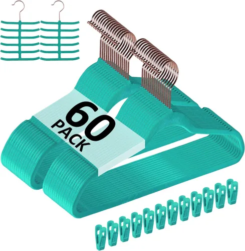 Miniatura 24 de VECELO Perchas de terciopelo de alta calidad resistentes (paquete de 60), antideslizantes y ahorran espacio con 8 clips para los dedos y soporte