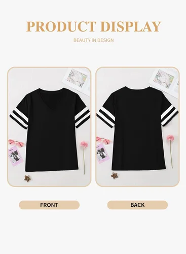 Miniatura 63 de Eytino Blusas de talla grande para mujer, cuello en V, manga corta, a rayas, casual, holgada, con bolsillo (1X-5X)