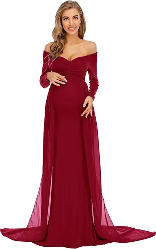 ZIUMUDY Vestido de maternidad de manga larga con hombros descubiertos, vestido de gasa para sesión de fotos, baby shower