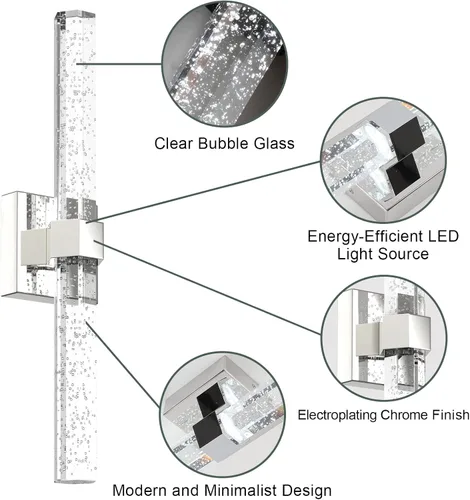 Miniatura 2 de Aipsun Lámparas de baño, luces cromadas con cristal de burbujas, accesorios de iluminación modernos de 19.7 pulgadas, accesorios de iluminación