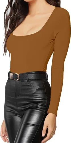 Miniatura 159 de MANGDIUP Body esencial para mujer, cuello redondo, manga larga, ajustado, elástico, de algodón y elastano