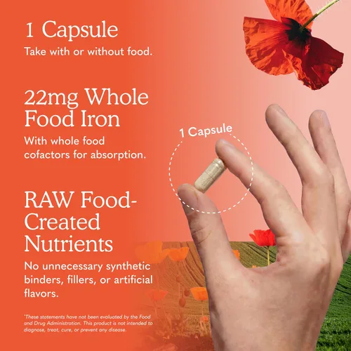 Miniatura 5 de Suplemento de hierro crudo Garden of Life Vitamin Code Raw - 30 cápsulas veganas, hierro de 22 mg una vez al día, vitaminas C, B12, ácido fólico
