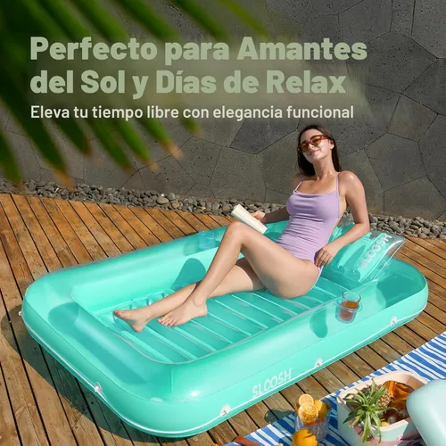 Miniatura 8 de SLOOSH Flotador inflable, camastro para adultos, con almohada, 178 x 117 cm, 4 en 1: balsa-tina bronceadora, camastro para tomar el sol, fiestas Cian
