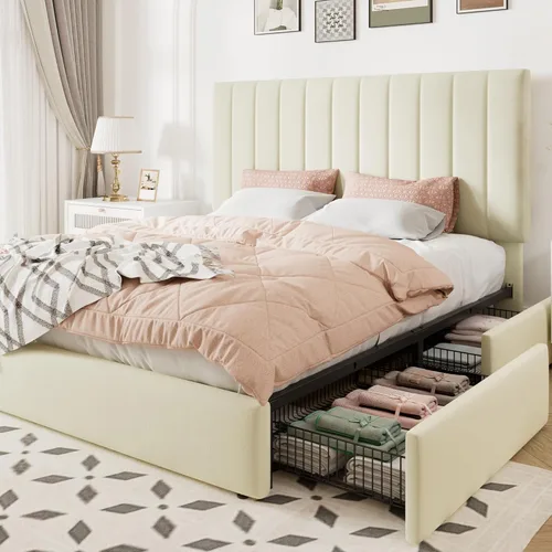 Miniatura 13 de Allewie Base de cama de almacenamiento tamaño completo, cabecera ajustable con canal vertical acolchado, plataforma tapizada de terciopelo con 4