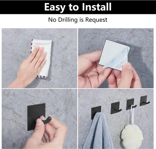 Miniatura 2 de FOMANSH Ganchos adhesivos resistentes, ganchos adhesivos para pegar en la pared, soporte fuerte de acero inoxidable, ganchos autoadhesivos para Negro