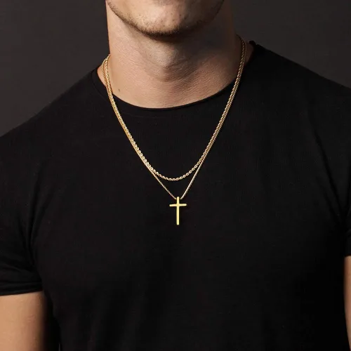 Miniatura 2 de Ursteel - Collar con dije de cruz de acero inoxidable para hombre, cadena de eslabones cuadrados de 16 a 30 pulgadas, color plateado, negro, dorado