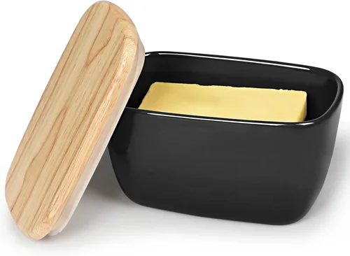 Mantequillera de porcelana perfecta para 4 barras de mantequilla, recipiente de mantequilla grande de cerámica con tapa (negro)
