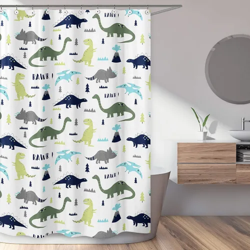 Miniatura 2 de Sweet Jojo Designs Cortina de ducha moderna azul y verde del dinosaurio de los niños de la tela del baño de los niños Dinosaurio azul y verde