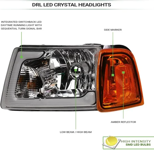 Miniatura 3 de Switchback - Barra de tubo LED secuencial con carcasa cromada, faros delanteros de cristal con lámparas de esquina de señal, reflector ámbar, 4
