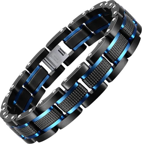 Zillaly Pulsera de diamantes de eslabones cuadrados de acero inoxidable de dos tonos para hombre en negro y azul chapado en iones negro