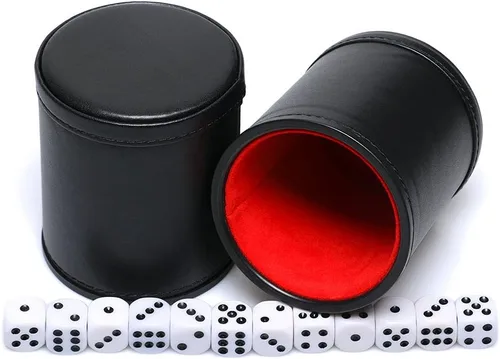 Miniatura 7 de Juego de dados de piel sintética marrón, coctelera de dados forrada de fieltro con 6 dados para juego Liars Farkle Yahtzee, paquete de 2