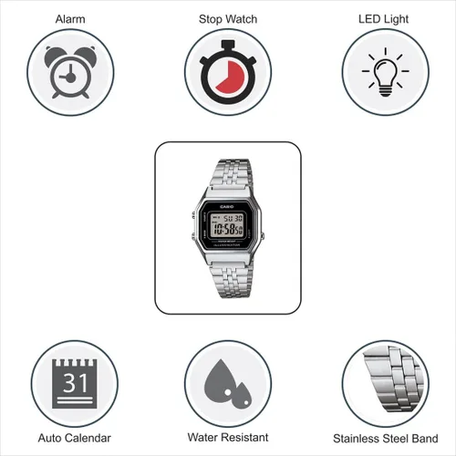 Miniatura 3 de Casio Reloj retro digital de tono plateado para mujer LA-680WA-1DF