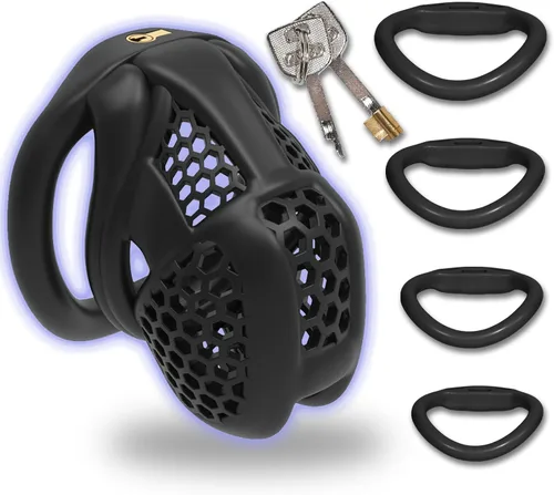 Miniatura 8 de Jaula para el pene impresa en 3D con 4 anillos curvos a presión, pequeños dispositivos de castidad de panal para hombres, SM Fetiche Extreme