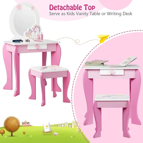 Miniatura 3 de Costzon Juego de tocador para niños con espejo, mesa de maquillaje y vestidor de princesa de madera 2 en 1 con parte superior desmontable, tocador