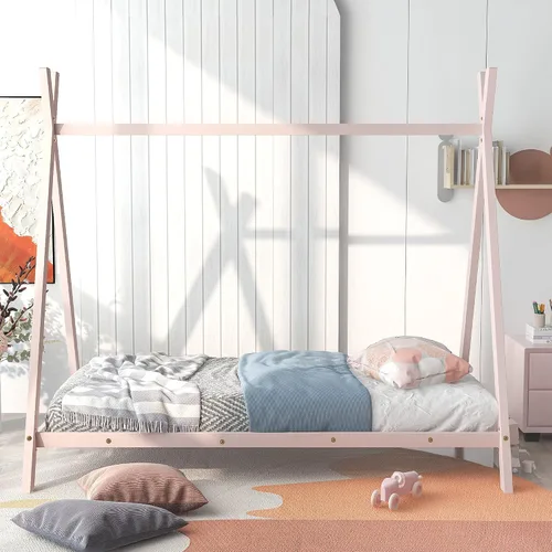 Miniatura 5 de SOFTSEA Base de cama baja triangular de metal individual con tablillas, marco de cama individual para niños (rosa)