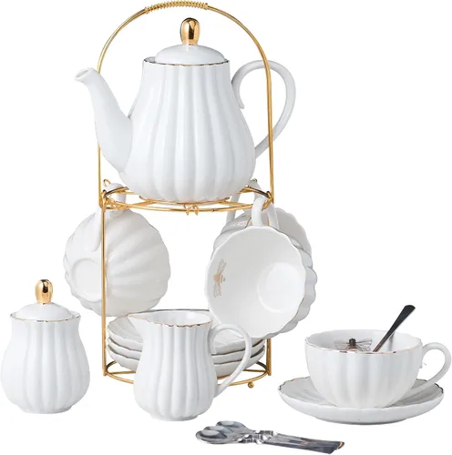 Miniatura 10 de CLAY TONIC- Juego de tazas de té y café de porcelana fina púrpura de 8 oz, tazas y platillos, con tetera, azucarero, jarra para crema, cucharaditas