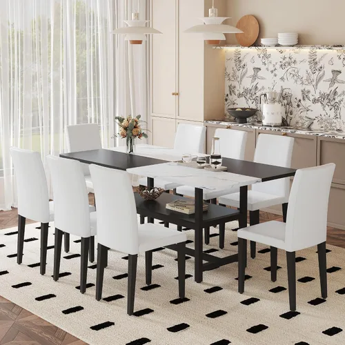 Miniatura 31 de Juego de mesa de comedor de 71 pulgadas para 6 personas con estante de almacenamiento, juego de mesa de comedor rectangular industrial moderna