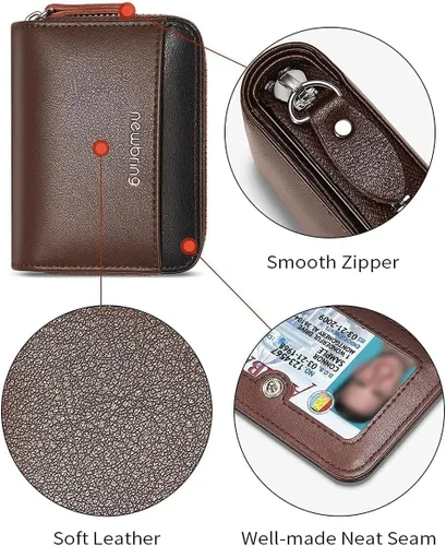 Miniatura 5 de Tarjetero RFID con cremallera, tarjetero, Marrón (18 ranuras para tarjetas y 2 ventanas de identificación)