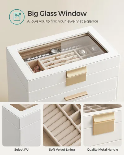 Miniatura 4 de SONGMICS UJBC171W01 - Joyero con tapa de cristal, organizador de joyas de 6 capas con 5 cajones, para gafas de sol y joyas grandes, almacenamiento