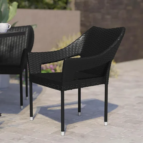 BizChair Silla de patio de grado comercial, silla de comedor apilable de mimbre de ratán PE para todo tipo de clima, negro