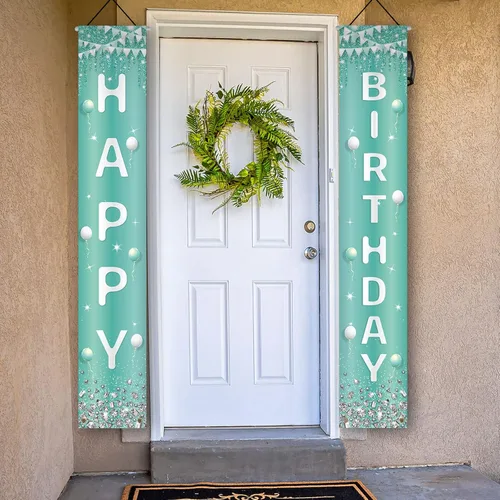 Miniatura 3 de Cartel de puerta de feliz cumpleaños plateado verde azulado con diamantes de imitación turquesa, decoración de cumpleaños azul claro dulce 16 feliz