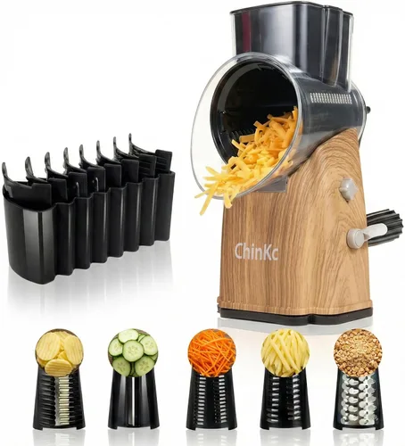Miniatura 16 de Rallador rotativo de queso mejorado con asa, base de succión fuerte, rebanador giratorio multiusos con 5 cuchillas intercambiables para hielo, Verde