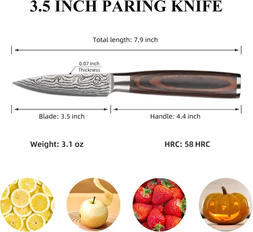 Miniatura 3 de Sunnecko Cuchillo de Cocina Pequeño de 3.5 Pulgadas, Cuchillo Mondador de Acero Inoxidable de Alto Carbono, Cuchillo de Fruta con Mango de Madera