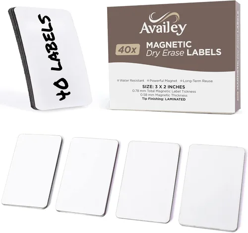 Availey - 40 unidades (3 x 2) – Etiquetas magnéticas blancas de borrado en seco – Tiras reutilizables para aula, hogar, oficina, garaje, tarjetas