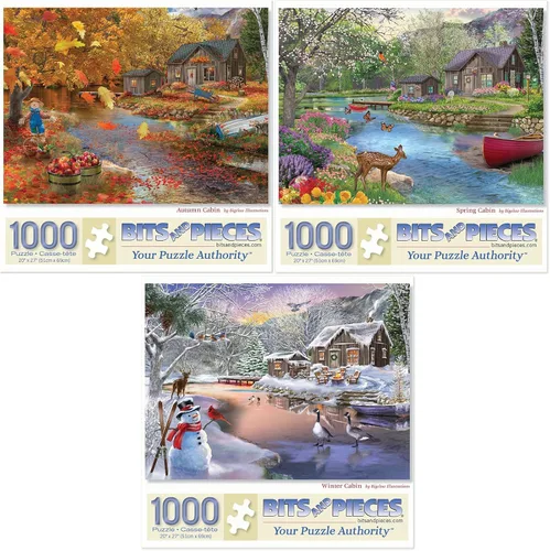 Miniatura 10 de Bits and Pieces Juego de tres rompecabezas para adultos – Cabaña de otoño, invierno y primavera – 500 piezas de 18 x 24 pulgadas