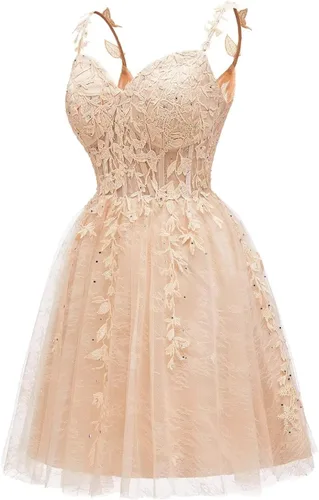 Miniatura 5 de Vestidos cortos de tul con apliques de encaje para mujer, cuello en V, vestidos cortos de cóctel para adolescentes