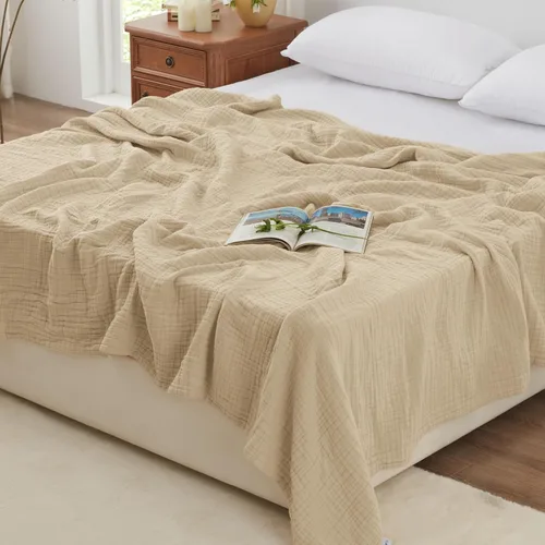 Miniatura 11 de Love's cabin - Manta de muselina de 6 capas 100% algodón, 90"x90", manta de muselina tamaño queen para sofá o cama, de algodón de gasa ligera y Beige