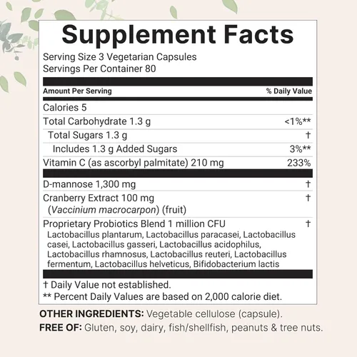 Miniatura 2 de Pure D Manosa 1,300 mg con arándano rojo y probióticos, 240 cápsulas vegetales Salud del tracto urinario para mujeres Más 1 millón de UFC mezcla