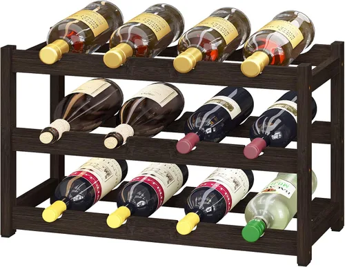 Miniatura 11 de BAMEOS Estante de vino independiente de 2 niveles y 8 botellas, estantes de vino de bambú, gabinete de encimera, soporte de vino, estante