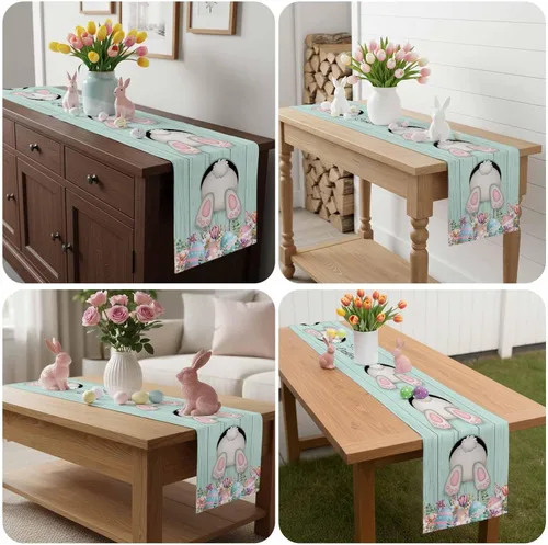 Miniatura 6 de Camino de Mesa de Algodón y Lino Happy Easter, Bufandas para Cómoda, Cola de Conejo, Huevo, Rústico, Granja, Madera, Antideslizante, Arpillera