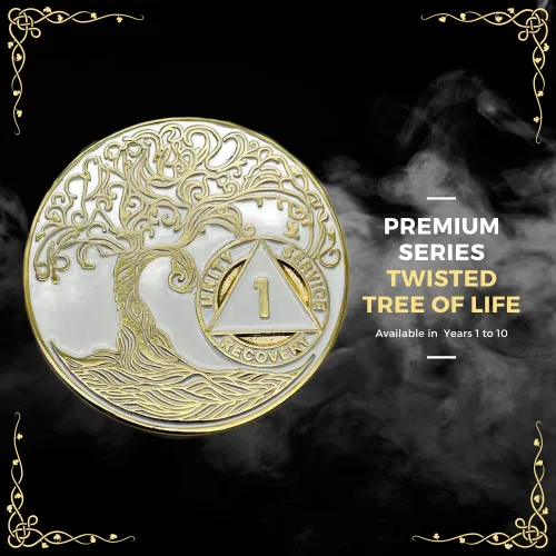 Miniatura 4 de 30 días/1 mes Sobriety Mint Twisted Tree of Life - Medallón de recuperación AA/NA chapado en oro, chip/ficha - Blanco