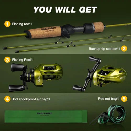 Miniatura 5 de Ghosthorn Caña de pescar y carrete Combo de caña de pescar de doble punta Baitcasting Combo Ultra Light Caña de 2 piezas con mango de corcho natural