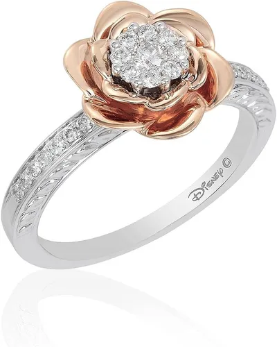 Jewelili Enchanted Disney Fine Jewelry Anillo compuesto de oro rosa de 14 quilates sobre plata esterlina 1/4 Cttw Belle Rose