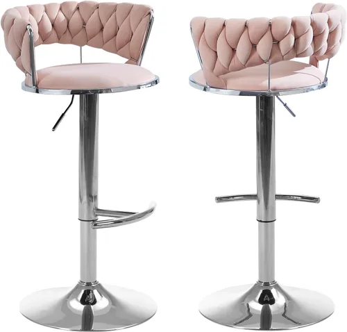 Miniatura 17 de Juego de 2 taburetes de bar giratorios de terciopelo, modernos taburetes de bar ajustables con respaldo tejido, taburete de bar de altura