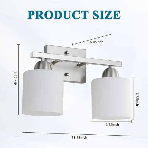 Miniatura 5 de Mecgirn Luces de tocador de vidrio de leche de acero inoxidable para baño, 2 lámparas de baño de níquel cepillado sobre espejo, enchufes E26