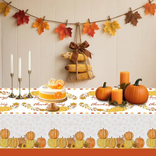 Miniatura 8 de ATFUNSHOP Mantel de Acción de Gracias, paquete de 2 manteles desechables de 54 x 108 pulgadas, suministros para fiestas, calabazas, hojas de otoño