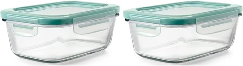 OXO Good Grips Recipiente de Almacenamiento de Alimentos de Vidrio Rectangular con Sello Inteligente de 3.5 Tazas, Transparente (Paquete de 2)