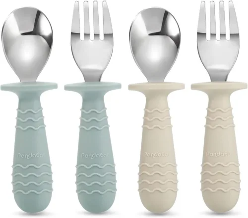 PandaEar Juego de 4 utensilios de silicona de acero inoxidable para bebé, tenedor de cuchara para bebé, sin BPA, con sujeción de silicona, diseño