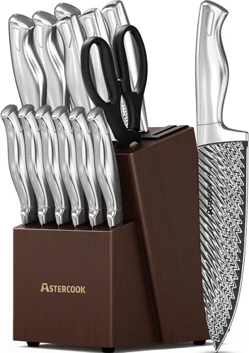 Juego de Cuchillos, Astercook Juego de Cuchillos de Cocina de 15 Piezas con Afilador Integrado, Juego de Bloque de Cuchillos de Acero Inoxidable