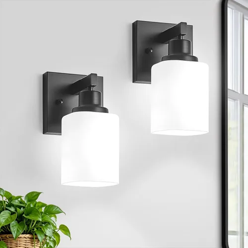 Juego de 2 apliques de pared para baño, lámpara de tocador de baño negra, apliques de pared modernos para interiores con vidrio esmerilado cuadrado,