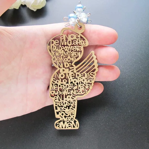 Miniatura 3 de Llavero de madera con diseño de bautizo azul para niño con ángel, recuerdos de bautizo, bautizo, con bolsas de regalo de organza, 12 unidades, 3