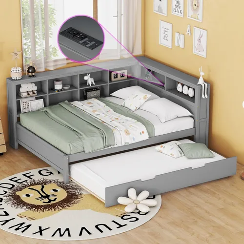 Miniatura 20 de HomSof Cama individual con 2 cajones, madera maciza, no necesita somier, gris
